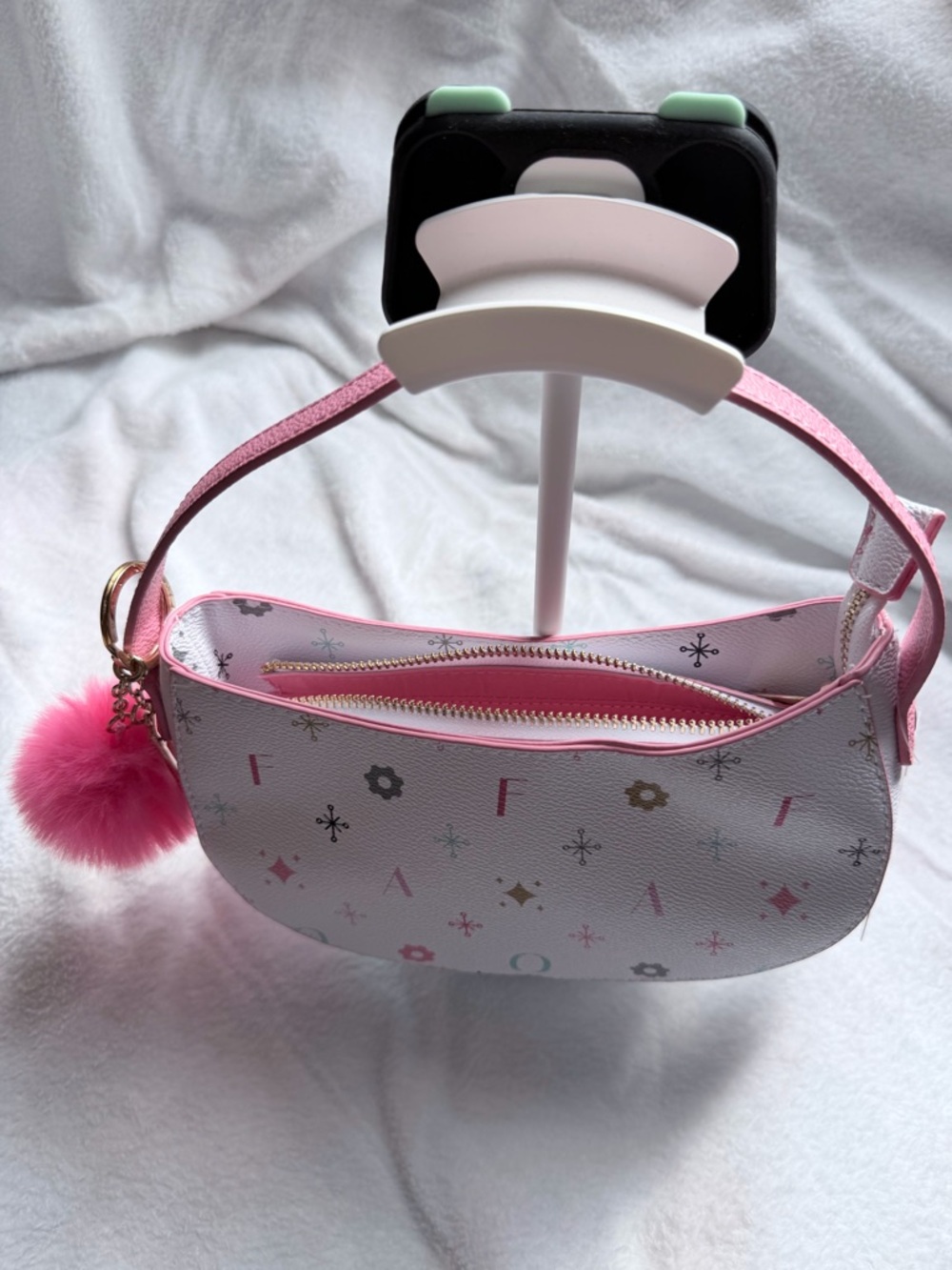 Pink and White Kids Shoulder Bag with Pom Pom Charm